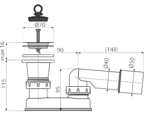 Technický nákres sifónu s rozmermi