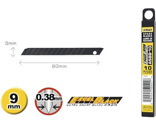 Obrázok odlamovacieho noža s dĺžkou 80 mm a šírkou 9 mm a balenia 10 náhradných čepelí