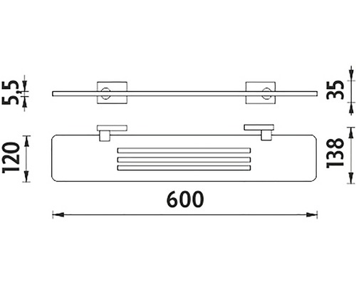 Technický nákres kúpeľňovej police s držiakom na uteráky a rozmermi.