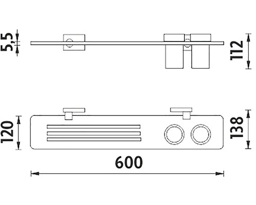 Technický nákres kúpeľňovej police s držiakom na poháre a držiakom na uteráky a rozmermi