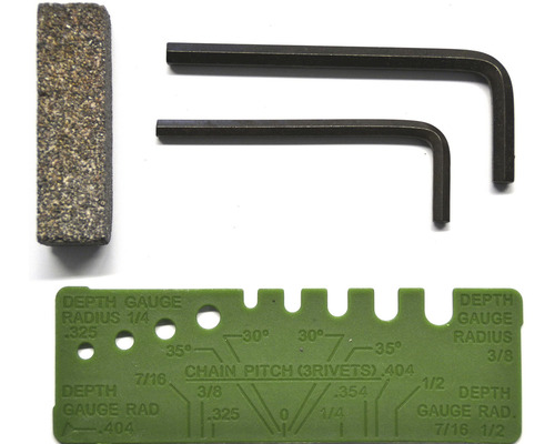 Súprava na ostrenie reťazových píl s brúsnym nástrojom, dvoma imbusovými kľúčmi a hĺbkovým dorazom