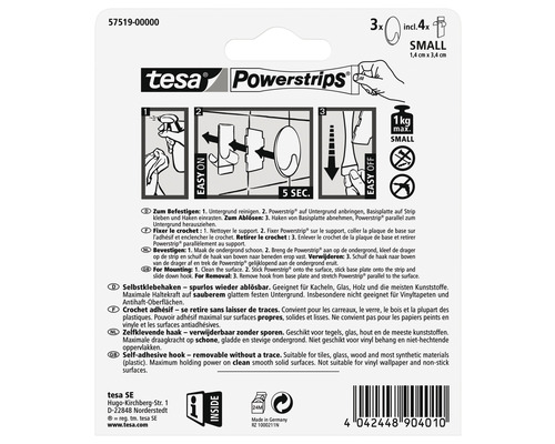 Tesa Powerstrips s tromi háčikmi vrátane štyroch lepiacich prúžkov veľkosti Small