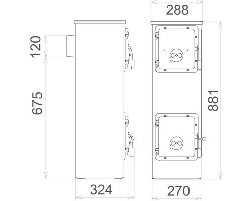 Technický nákres krbových kachlí s rozmermi
