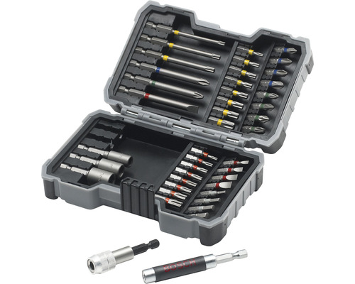 Sada bitov s rôznymi skrutkovacími bitmi a držiakmi bitov v sivom plastovom kufríku