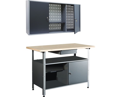 Dielenská zostava sivá 1200x600 mm, 2-dielna, pracovný stôl a nástenná skrinka Dielenské vybavenie pozostávajúce z ponku a skrine na náradie