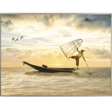 Maľba rybára na lodi pri východe slnka