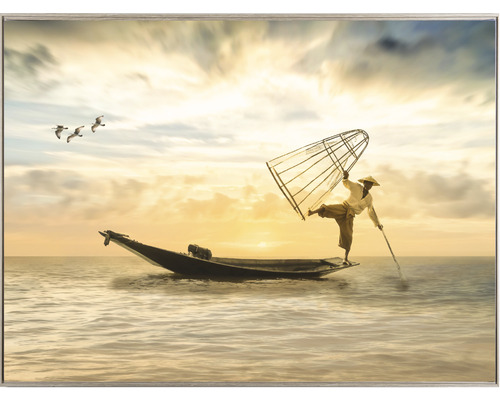 Maľba rybára na lodi pri východe slnka