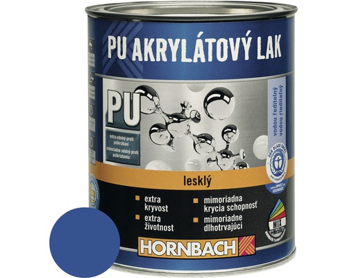 PU akrylátový lak na vodnej báze Hornbach enciánová modrá lesklý 375 ml Plechovka PU akrylátového laku od spoločnosti Hornbach