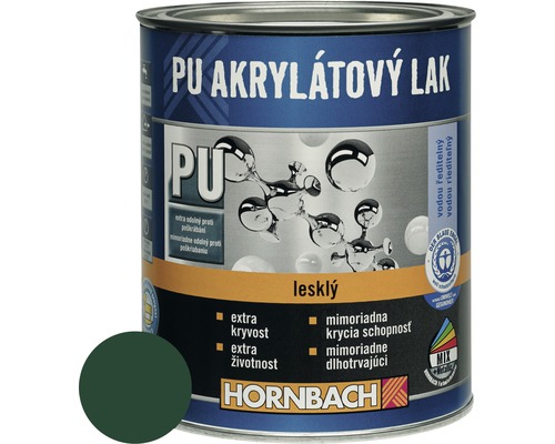 PU akrylátový lak na vodnej báze Hornbach machovo zelená lesklý 375 ml PU akrylátový lak v plechovke s farebnou vzorkou a logom Hornbach