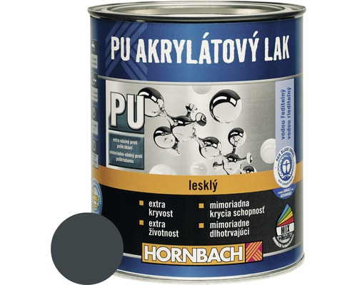 PU akrylátový lak na vodnej báze Hornbach antracitovo sivá lesklý 375 ml Plechovka PU akrylátového laku od spoločnosti Hornbach
