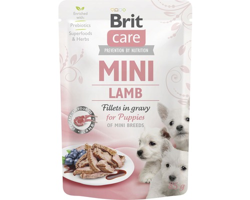 Kapsička pre psov Brit Care Mini Lamb for Puppy filety v šťave 85 g Brit Care Mini Jahňacie krmivo pre šteňatá, 85 gramové balenie