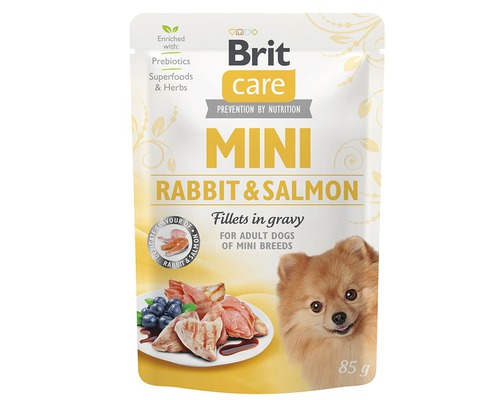 Kapsička pre psov Brit Care Mini Rabbit & Salmon filety v šťave 85 g Brit Care Mini Rabbit and Salmon krmivo pre psov, 85 gramov