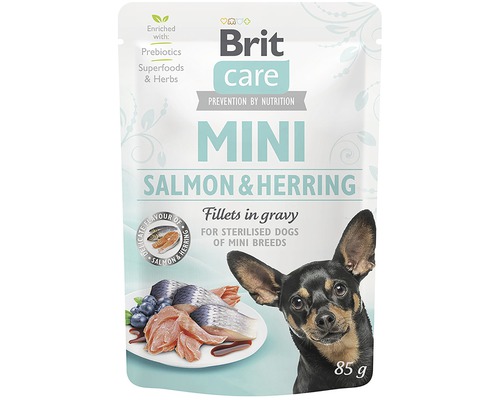 Kapsička pre psov Brit Care Mini Salmon & Herring filety v šťave 85 g Brit Care Mini Losos a Slieď krmivo pre psov, 85 gramové balenie