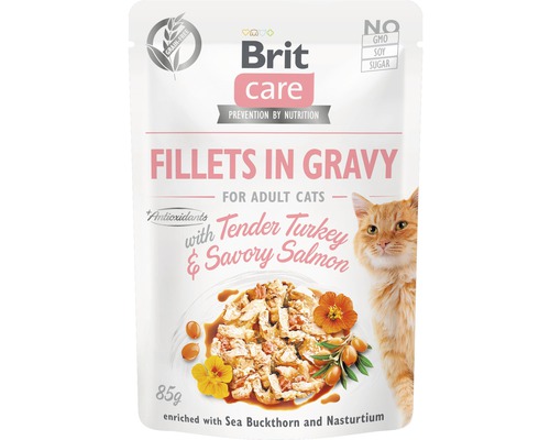 Kapsička pre mačky Brit Care Cat Turkey&Savory Salmon Gravy 85 g Brit Care krmivo pre mačky Filety v omáčke s jemným moriakom a lahodným lososom, 85 gramov
