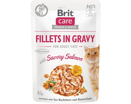 Kapsička pre mačky Brit Care Cat Savory Salmon Gravy 85 g Brit Care krmivo pre mačky Filety v omáčke s lososom pre dospelé mačky, 85 g