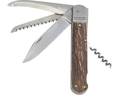 Viacúčelový vreckový nôž s čepeľou, pílka, vývrtka a otváracia čepeľ