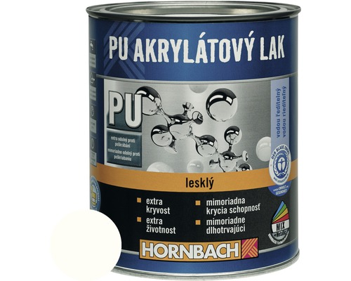 PU akrylátový lak na vodnej báze Hornbach ľadovo biela lesklý 2 l Plechovka PU akrylátového laku od spoločnosti Hornbach