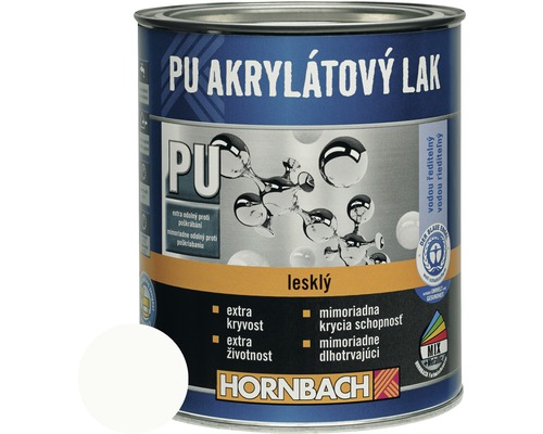 PU akrylátový lak na vodnej báze Hornbach barytovo biela lesklý 375 ml PU akrylátový lak v plechovke s farebnou vzorkou a logom Hornbach