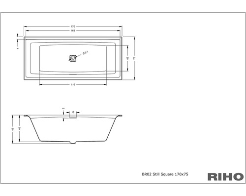 Technický nákres vane s rozmermi 170x75 cm