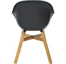 Pohľad zozadu na čiernu stoličku s drevenými nohami.