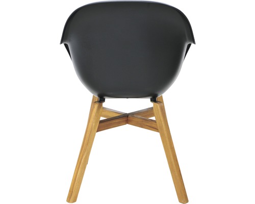 Pohľad zozadu na čiernu stoličku s drevenými nohami.