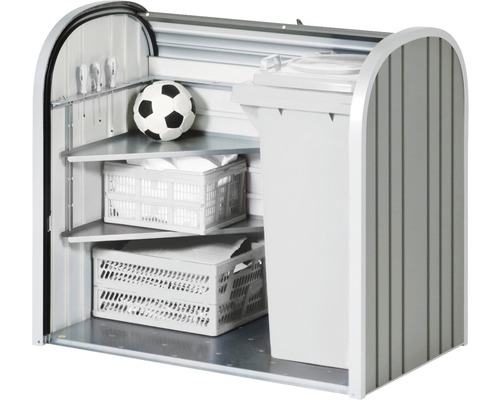 Box na smetné nádoby s policami, prepravkami a futbalovou loptou