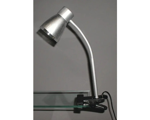 Strieborná klipsová lampa s flexibilným ramenom