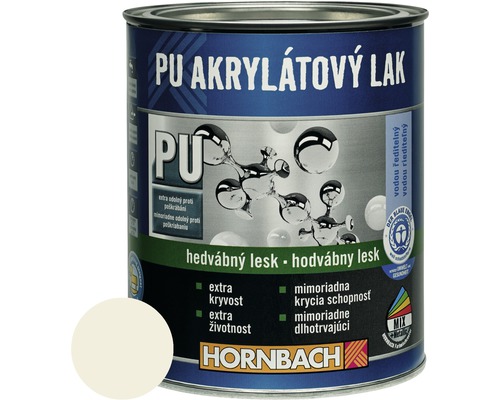 PU akrylátový lak na vodnej báze Hornbach sivobiela hodvábny lesk 375 ml Plechovka PU akrylátového laku od spoločnosti Hornbach