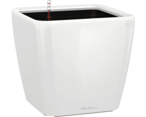 Štvorcový, biely kvetináč s ukazovateľom hladiny vody