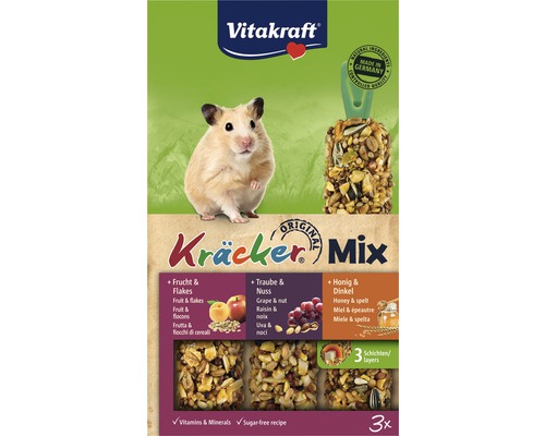Maškrty pre škrečky Vitakraft Kräcker s vitamínami 3 ks 168 g Vitakraft Logo. Balenie Kräcker Mix pre malé zvieratá s prísadami a odkazom na Made in Germany.