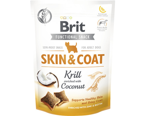 Maškrta pre psov Brit Care Dog Functional Snack Skin & Coat Krill 150 g Brit Funkčný snack Skin and Coat pre dospelých psov, krill s kokosom