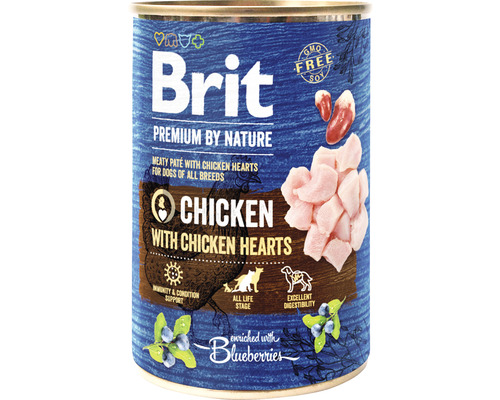 Konzerva pre psov Brit Premium by Nature Chicken with Hearts 400 g Brit vlhké krmivo pre psov s kuracím mäsom a kuracími srdiečkami v konzerve
