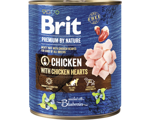 Konzerva pre psov Brit Premium by Nature Chicken with Hearts 800 g Brit Premium by Nature psí paštéta s kuracím mäsom a kuracími srdiečkami v konzerve