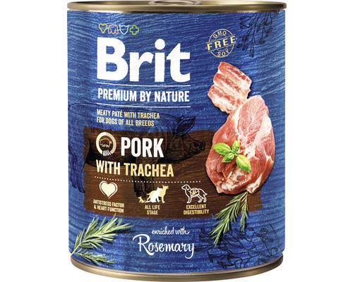 Konzerva pre psov Brit Premium by Nature Pork with Trachea 800 g Brit Premium by Nature psie krmivo s bravčovým mäsom a priedušnicou v konzerve
