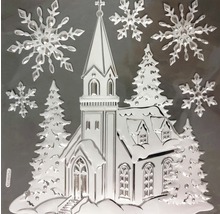 Reliéfny obrázok s kostolom, jedľami a snehovými vločkami