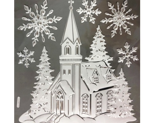 Okenná fólia kostolík bielo-strieborná Reliéfny obrázok s kostolom, jedľami a snehovými vločkami