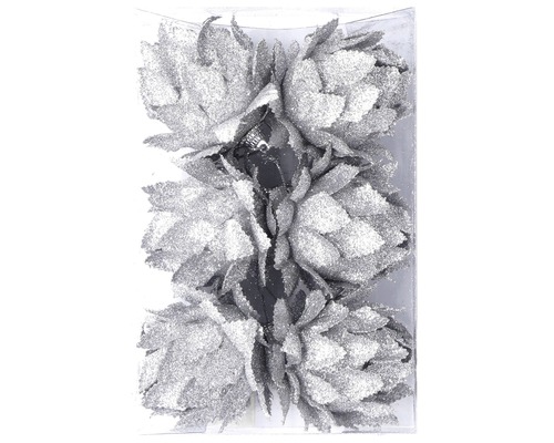 Vianočné ozdoby kvety Ø6 cm 6 ks strieborné Sada 3 dekoratívnych umelých kvetov