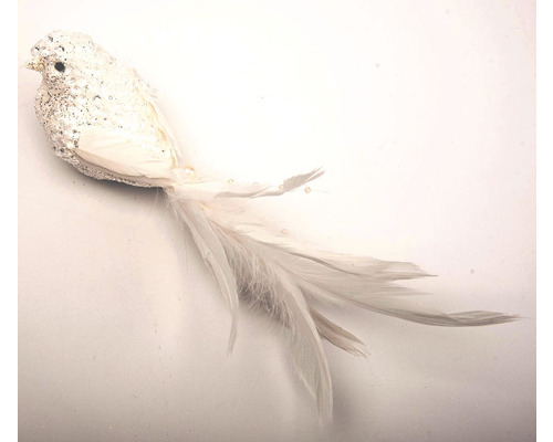 Dekoratívna vtáčia figúrka s perím a trblietkami