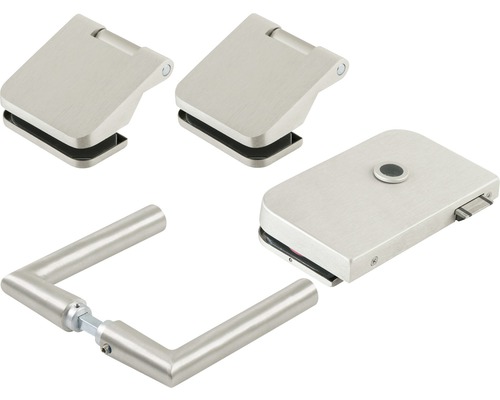 Sada kovania pre sklenené dvere s dvomi dverovými závesmi, zámkovou skriňou a kľučkou