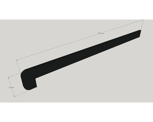 Technický nákres čiernej úchytky s rozmermi 350 mm a 38 mm