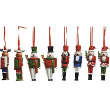 Osem dekoratívnych figúrok na zavesenie, vrátane sobov, snehuliakov a luskáčikov, všetky s pripevnenými stuhami.