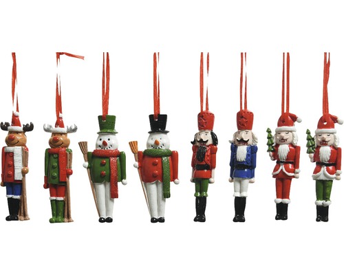 Osem dekoratívnych figúrok na zavesenie, vrátane sobov, snehuliakov a luskáčikov, všetky s pripevnenými stuhami.