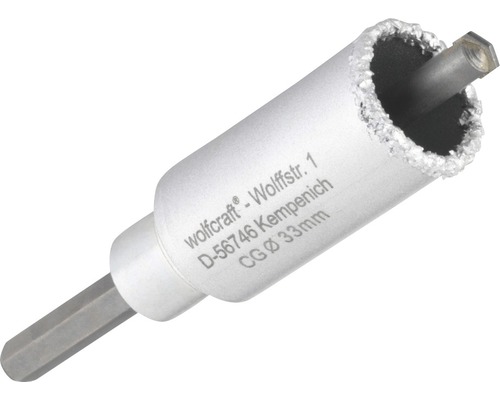 Vŕtacia korunka Wolfcraft tvrdokov Ø 33 mm vrátane hriadeľa a vrtáka Wolfcraft dierovacia píla na dlaždice s priemerom 33 milimetrov
