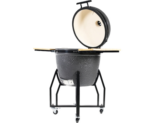 Keramický gril s otvoreným vekom a bočnými policami na kolieskach