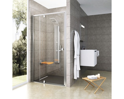 Sprchové dvere Ravak Pivot PDOP2 - 100 satin+transparent 03GA0U00Z1 Moderná kúpeľňa s rovnou sprchou, sprchovým panelom a posedením