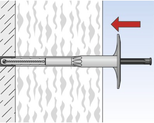 Ilustrácia hmoždinky v stene s červenou šípkou