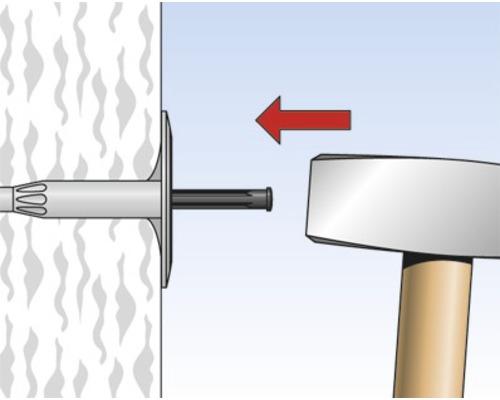 Ilustrácia montáže hmoždinky kladivom do steny