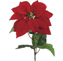 Dekoratívna umelá kvetina vianočná hviezda s červeným kvetom a zelenými listami.