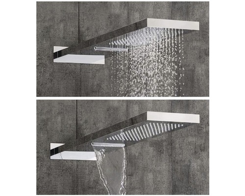 Dva pohľady na sprchovú armatúru s dažďovou sprchou a funkciou vodopádu