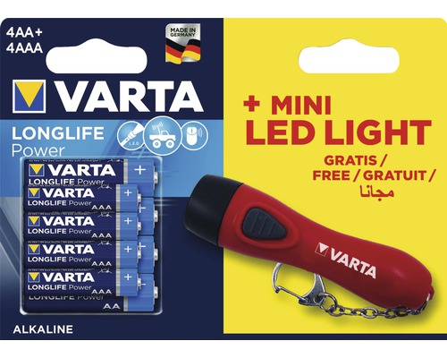 Alkalické batérie VARTA 4xAAA a 4xAA + Mini LED svietidlo Light